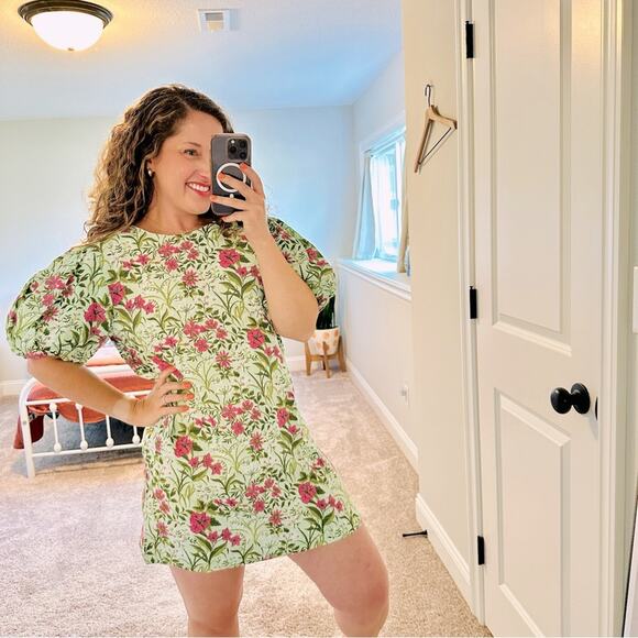 Tuckernuck Olivia James The Label Green Pink Linen Floral Mini Dress Medium - Picture 1 of 12